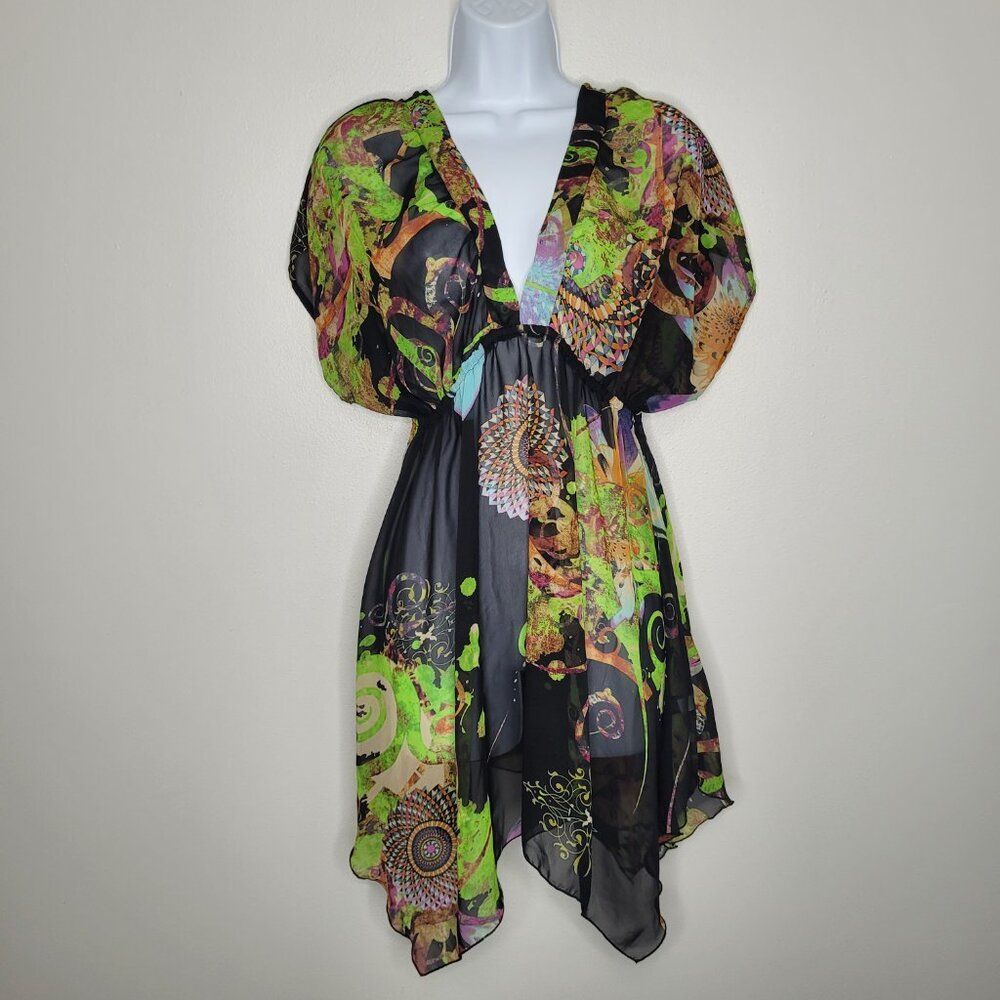 Vintage y2k lime green black mixed abstract print semi sheer fit and flare top
